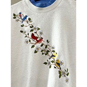 Vintage Pullover Sweater Womens XL White Birds Embroidered terry textured Rare
